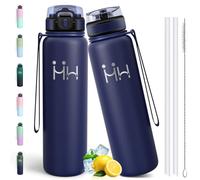 Motswedi Gourde Isotherme 1l, Thermos Isotherme, Acier Inoxydable, Gourde Inox avec 6 pailles, pour L'eau Froide & Chaude, Bouteille d'eau 1l, Pour Voyage, Randonnée, Sports, Camping, Bleu foncé