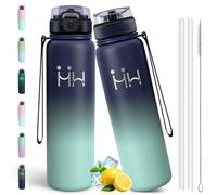 Motswedi Gourde Isotherme 1l, Thermos Isotherme, Acier Inoxydable, Gourde Inox avec 6 pailles, pour L'eau Froide e Chaude, Bouteille d'eau 1l, Pour Voyage, Sports, Camping, Bleu foncé&Vert