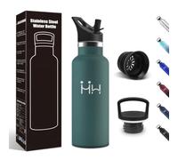 Motswedi Gourde Isotherme, 500 ml Sans BPA, Gourde, Avec 6 pailles et 2 couvercles, Bouteille d'eau, 18/8 Acier Inoxydable, Bouteille Isotherme pour École, Camping - Vert militaire