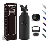 Motswedi Gourde Isotherme, 500 ml Sans BPA, Gourde, Avec 6 pailles et 2 couvercles, Bouteille d'eau, 18/8 Acier Inoxydable, Bouteille Isotherme pour École, Camping - Noir