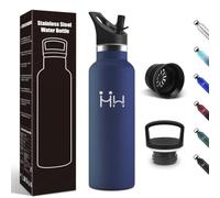 Motswedi Gourde Isotherme, 750 ml Sans BPA, Gourde, Avec 6 pailles et 2 couvercles, Bouteille d'eau, 18/8 Acier Inoxydable, Bouteille Isotherme pour Randonnée, Camping - Bleu foncé
