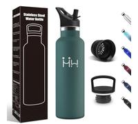 Motswedi Gourde Isotherme, 750 ml Sans BPA, Gourde, Avec 6 pailles et 2 couvercles, Bouteille d'eau, 18/8 Acier Inoxydable, Bouteille Isotherme pour Randonnée, Camping - Vert militaire