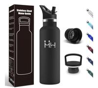 Motswedi Gourde Isotherme, 750 ml Sans BPA, Gourde, Avec 6 pailles et 2 couvercles, Bouteille d'eau, 18/8 Acier Inoxydable, Bouteille Isotherme pour Randonnée, Camping - Noir