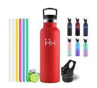 Motswedi Gourde Isotherme 750ml, Acier Inoxydable, Bouteille Isotherme, Gourde Inox avec 6 pailles, pour L'eau Froide e Chaude, Bouteille d'eau, Pour Voyage, Camping, Rouge