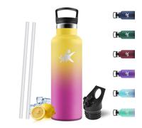 Motswedi Gourde Isotherme 750ml, Poignée de Transport, Bouteille Isotherme, avec paille, Gourde Inox, Thermos, Acier Inoxydable, Bouteille d'eau pour Gym, Voyage, Randonnée, Camping, Jaune/Rouge Rose