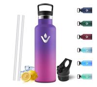 Motswedi Gourde Isotherme 750ml, Poignée de Transport, Bouteille Isotherme, avec paille, Gourde Inox, Thermos, Acier Inoxydable, Bouteille d'eau pour Gym, Randonnée, Camping, Violet Foncé/Rouge Rose
