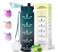 Motswedi Gourde Sport 1L, Anti-Fuite, Bouteille d'eau avec Marqueur de Temps, Motivation Bouteille Plastique, Gourde 1 Litre, pour Fitness, Sport, Yoga, Randonnée, Vert foncé & Gris