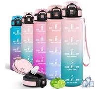 Motswedi Gourde Sport 1L, avec Paille, Bouteille d'eau avec Marqueur de Temps, Bouteille Plastique, Gourde 1 Litre, pour le Fitness, la Gym et les Sports de Plein Air, Rose & Vert
