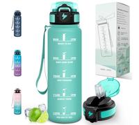 Motswedi Gourde Sport 1L, avec Paille, Bouteille d'eau, Marqueur de Temps de Motivation, Bouteille Plastique, Gourde 1 litro, pour Sport, Bureau, Fitness, Bleu-vert