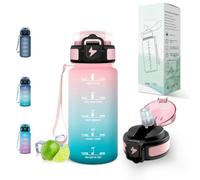 Motswedi Gourde Sport 500ml, avec Paille, Bouteille d'eau, Marqueur de Temps de Motivation, Bouteille Plastique, Anti-Fuite, pour Sport, École, Bureau, Rose-vert