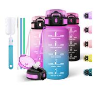 Motswedi Gourde Sport 500ml, Bouteille d'eau, Comprend 6 Pailles et 1 Brosse à épong, Gourde Paille, Anti-Fuite, Motivationnelle Bouteille 0.5l, pour L'école,le Travail, le Yoga, Rouge rose & Cyan