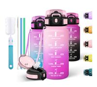 Motswedi Gourde Sport 500ml, Bouteille d'eau, Comprend 6 Pailles et 1 Brosse à épong, Gourde Paille, Anti-Fuite, Motivationnelle Bouteille 0.5l, pour L'école, Travail, Yoga, Rose clair & Rouge rose