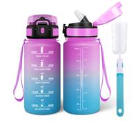 Motswedi Gourde Sport 500ml, Bouteille d'eau, Comprend 6 Pailles et 1 Brosse à épong, Gourde Paille, Anti-Fuite, Motivationnelle Bouteille 0.5l - Rouge azalée & Bleu-vert