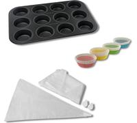 Moule à Muffins 12 Empreintes Nirosta, Ensemble 3 Pièces avec Moules Papier et Poches à Douille