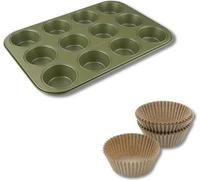 Moule à Muffins 12 Empreintes, Zenker Green Vision, Revêtement Cire de Carnauba, 40 Caissettes Papier 38,5 x 26,5 x 3 cm