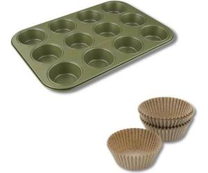 Moule à Muffins 12 Empreintes, Zenker Green Vision, Revêtement Cire de Carnauba, 40 Caissettes Papier 38,5 x 26,5 x 3 cm