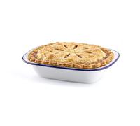 Moule à pâtisserie rectangulaire en émail blanc, idéal pour les gâteaux, les flans, les steaks, le four, accessoire de cuisine traditionnel, L 24 x l 18 x P 5,5 cm, blanc avec un bord bleu