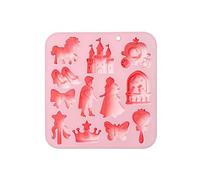Moule en silicone à 12 cavités 3D Prince Princesse - Château de conte de fées, cheval, nœud, fondant, chocolat, bonbons, moule de cuisson anti-adhésif de qualité alimentaire pour décoration de gâteau