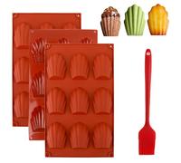 Moule Madeleine Silicone, Cuisson à 9 Trous Forme de Coquille Antiadhésifs | Lot de 3 Silicone Moulle de Madeleines, Madeleine Plaque Pâtisserie avec Brosse pour Gâteau Chocolat Muffin Rouge Brique