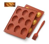 Moule Madeleine Silicone, Lot de 2 Moule a Madeleine Moule Antiadhésif en Forme de Coquille avec Brosse en Silicone pour Bonbons Biscuits Chocolat Pudding Gâteau 9 Cavités (Rouge Brique)