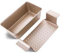 Moule rectangulaire en acier au carbone avec revêtement antiadhésif, couleur rose or, dimensions 25 x 11 x 7,5 cm – inclut un bac de récupération des graisses et des poignées