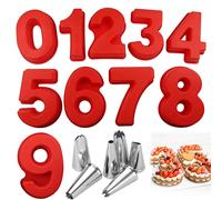 Moules à gâteaux en silicone, forme chiffres, lot de 15 pièces, 10 pouces, couleur rouge (chiffres de 0 à 8)