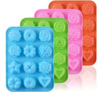 Moules en silicone pour chocolat en forme de fleurs, avec 12 cavités pour bonbons - Lot de 4, couleurs : vert, bleu, rose et orange