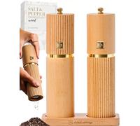 Moulin à sel et poivre en bois Styled Settings avec accents dorés - Ensemble rechargeable avec moulins céramiques réglables et support en bois assorti - Idéal pour offrir