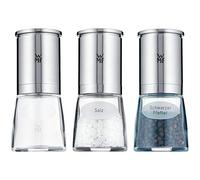 Moulin à sel et poivre WMF De Luxe, lot de 3, remplis, acier inoxydable Cromargan mat, verre, réglage continu de la force de mouture, moulin en céramique, moulin pour sel, poivre, épices