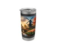 Moulin à vent dans la campagne hollandaise par rivière avec tulipes Gobelet isotherme en acier inoxydable double paroi