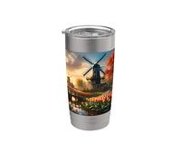 Moulin à vent dans la campagne hollandaise par rivière avec tulipes Gobelet isotherme en acier inoxydable double paroi