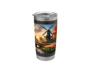 Moulin à vent dans la campagne hollandaise par rivière avec tulipes Gobelet isotherme en acier inoxydable double paroi