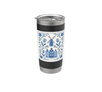 Moulin à vent néerlandais bleu Delft et maisons de canal avec tulipes florales Gobelet isotherme en acier inoxydable double paroi