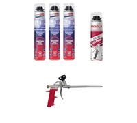 Mousse Polyuréthane Expansive Pistolable 750 ml | Montage, Isolation et Calfeutrage, Spéciale Huisseries et Menuiseries, 3 + 1 Pistolet + 1 Nettoyant