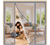 Moustiquaire Porte Coulissante Double Gris 160x180cm Rideaux Anti Mouche avec Bandes Magnétiques Joint Magnétique de Haut en Bas Sans Percer Maintient l'air frais à l'intérieur