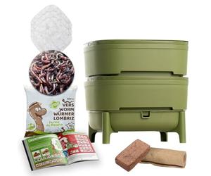 Moutta I WORMcube Vert Design & Compact I Lombricomposteur 2 Plateaux I 250gr de vers de Compost I Kit Complet I Filtre Anti-Noyade des vers