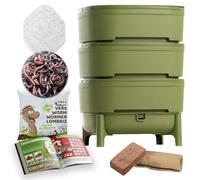 Moutta I WORMcube Vert Design & Compact I Lombricomposteur 3 Plateaux I 500gr de vers de Compost I Kit Complet I Filtre Anti-Noyade des vers