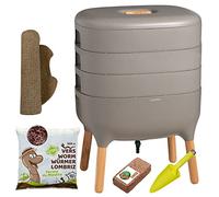 Moutta | Urbalive 3 Plateaux Gris Kit Complet I Lombricomposteur Design I 250gr de vers de Compost I Substrat de démarrage I Tapis de Chanvre + Pelle I Intérieur, Balcon et Jardin