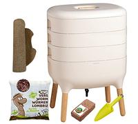 Moutta | Urbalive 3 Plateaux Ivoire Kit Complet I Lombricomposteur Design I 500gr de vers de Compost I Substrat de démarrage I Tapis de Chanvre + Pelle I Intérieur, Balcon et Jardin