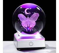 Movdyka Cristal 3D Papillon avec Lune 3.15'' Boule de sorcellerie Figurine Cadeaux pour Femmes, Boule de Collection en Verre avec Pied D'éclairage LED pour Filles Amoureux de Papillons pour