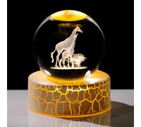 Movdyka Figurine boule de girafes en cristal 3D de 6 cm - Cadeaux pour femmes - Sphère d'art animalier en verre pour chambre avec base lumineuse chaude - Souvenirs pour les amateurs de girafes pour