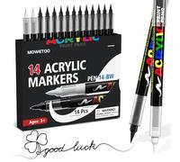 MOWETOO Feutre Acrylique, 12 Noir et 2 Blanc Acrylic Paint Marker Set, Marqueur Acrylique à Pointe Pinceau, Pour Pierre, Verre, Bois, Céramique, Métal et Toile, Cadeau D'anniversaire pour Enfants