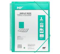 MP, Classeur de 40 pochettes transparentes avec spirale et élastiques, avec enveloppe à bouton, pour usage scolaire et bureau, couleur turquoise