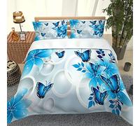 MQBHJI Housse De Couette 220X240 CM 3D Papillon Fleur Bleu - Parure De Lit Adulte en Microfibre 2 Personnes avec Fermeture Éclair, Housse Couette Imprimé avec 2 Taies d'oreiller 65X65 CM
