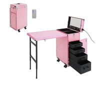 Mqwdxzfes Table de manucure à roulettes avec haut-parleur Bluetooth et miroir, chariot de maquillage mobile pliable avec roulettes de verrouillage, station de maquillage pour cosmétiques