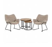 MR. DEKO Aliano Ensemble de salon beige et table d'appoint Fermo - 2 fauteuils rembourrés avec accoudoirs et table basse Duo en bois de manguier massif - Fauteuil d'angle de lecture en tissu - Tables