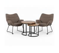 MR. DEKO Ensemble de salon Aliano marron et table d'appoint Fermo - Ensemble de 3 pièces en bois de manguier et 2 fauteuils avec accoudoirs rembourrés - Fauteuil relax d'angle de lecture moderne