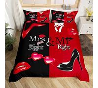 Mr Mrs Housse de Couette Black rouge Creative Funny Quote Parure Housse de Couette Couple Romantic Wedding Themed Parure de Lit 140x200cm Sexy rouge Lip Moustache Romance Ultra Soft Room Decor