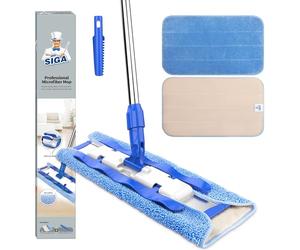 MR.SIGA Balai Serpillière Plat Professionnel avec 3 Chiffons Microfibre Réutilisables et 1 Brosse, Balai Nettoyage Sol Réglable à Long Manche INOX