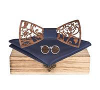 Mr.Van Noeud Papillon Bois les hommes, Naturel Noir Noyer Creux Sculpture Fleurs, Coffret en Bois (comprenant Boutons de Manchette,Mouchoir et Noeud papillon) pour Groomsman de Mariage Business